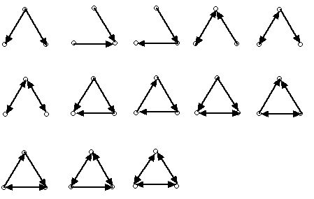 The thirteen three vertex digrahs with a connected underlying graph