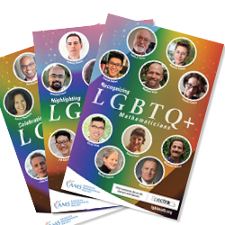 Three different posters stacked in a fanned arrangement. Posters say Celebrating LGBTQ+ Mathematicians and feature names and photos of ten different mathematicians. AMS and Spectra logos.
