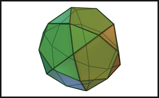A green, blue, and orange icosidodecahedron in a black box