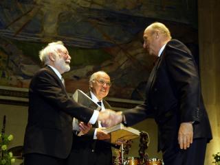 Norway's King Harald presents the Abel Prize   to Isadore Singer and Sir Michael Atiyah