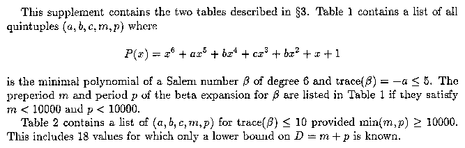 This supplement contains the two tables described in 
§3. Table 1 contains a list of all quintuples
$(a,b,c,m,p)$ where $P(x)=x^6+ax^5+bx^4+cx^3+bx^2+1+1$
is the minimal polynomial of a Salem number $\beta$ of degree 6 and
$\operatorname{trace}(\beta)=-a\le 5$. The preperiod $m$ and the period 
$p$ of the beta expansion for $\beta$ are listed in Table 1 if they satisfy 
$m<10000$ and $p<10000$.\par Table 2 contains a list of 
$(a,b,c,m,p)$ for $\operatorname{trace}(\beta)\le10$ provided
$\min(m,p)\ge10000$. 
This includes 18 values for which only a lower bound on $D=m+p$ is known.