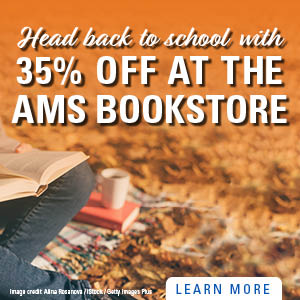 Head back to school with 35% off at the AMS bookstore. Image of student reading books. outside with fall leaves and coffee. 