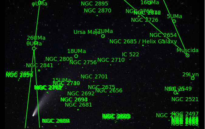 stars near view of comet Neowise highlighted in green